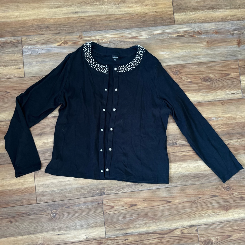 Rafaella Black Embellished Snap-Front Cardigan Top Size XL
